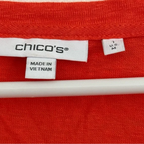 Chico's Vibrant Women’s Blouse Textured Sleeves 1 medium Coral Linen Beachy - Picture 3 of 9